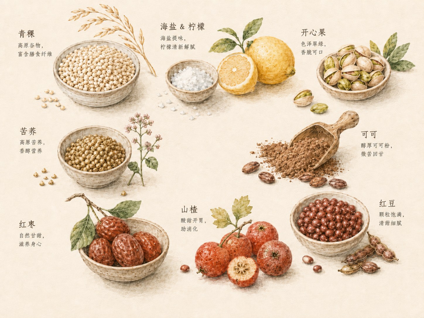 淳稞时序原料手绘:青稞、苦荞、海盐、柠檬、开心果、可可、红枣、山楂、红豆