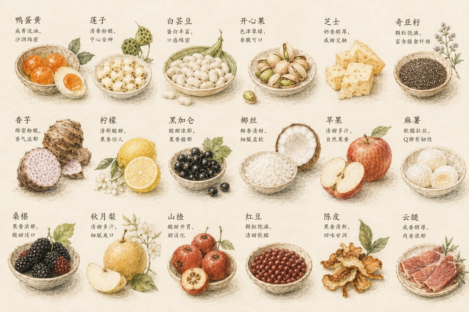 拾光伴月原料手绘:鸭蛋黄、莲子、白芸豆、开心果、芝士、奇亚籽、香芋、柠檬、黑加仑、椰丝、苹果、麻薯、桑葚、秋月梨、山楂、红豆、陈皮、云腿